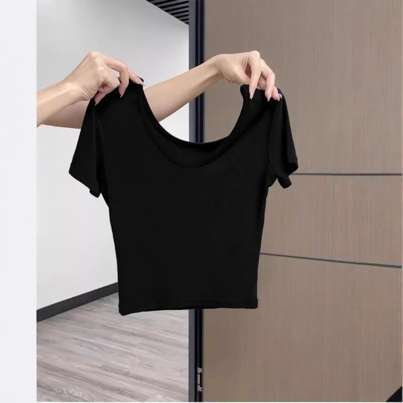 Women's Summer Cotton V-Neck T-Shirt - Exposed Shoulder Design, Short Sleeve, Breathable Casual Top for Everyday Wear - Image 3