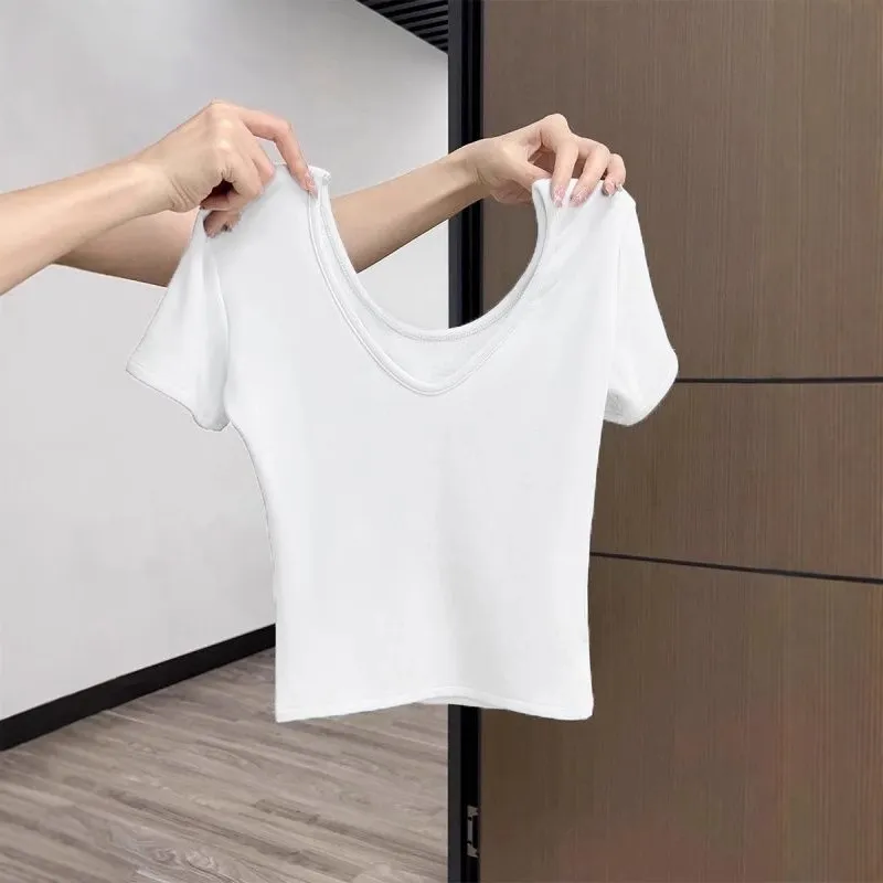 Women's Summer Cotton V-Neck T-Shirt - Exposed Shoulder Design, Short Sleeve, Breathable Casual Top for Everyday Wear - Image 7