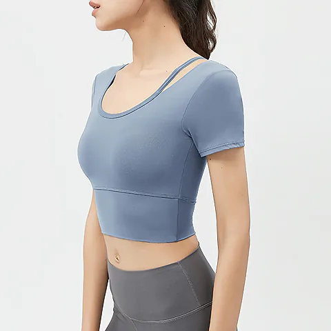 Women's Yoga Top Short Sleeve with Chest Pad, Midriff-Baring Back Design, Breathable Fitness T-Shirt for Running and Gym