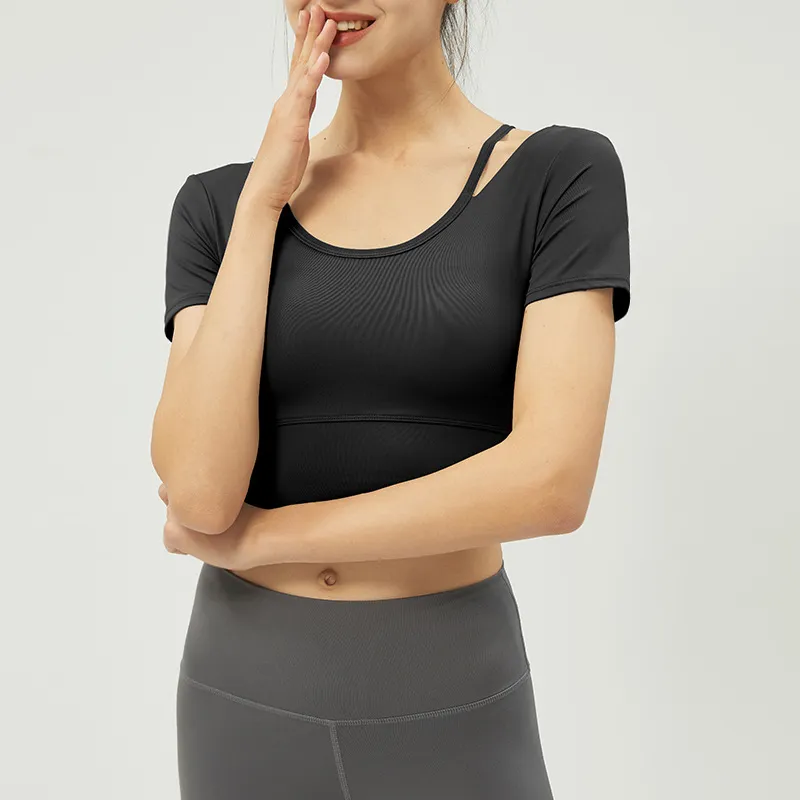 Women's Yoga Top Short Sleeve with Chest Pad, Midriff-Baring Back Design, Breathable Fitness T-Shirt for Running and Gym thumbnail 10
