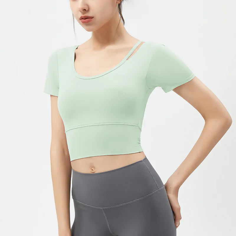 Women's Yoga Top Short Sleeve with Chest Pad, Midriff-Baring Back Design, Breathable Fitness T-Shirt for Running and Gym thumbnail 6