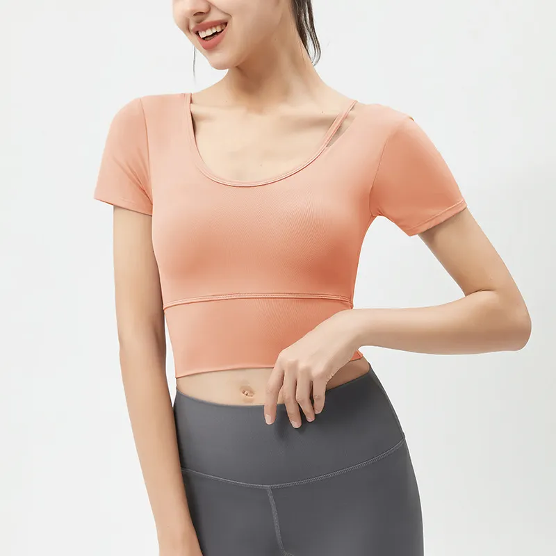 Women's Yoga Top Short Sleeve with Chest Pad, Midriff-Baring Back Design, Breathable Fitness T-Shirt for Running and Gym thumbnail 7