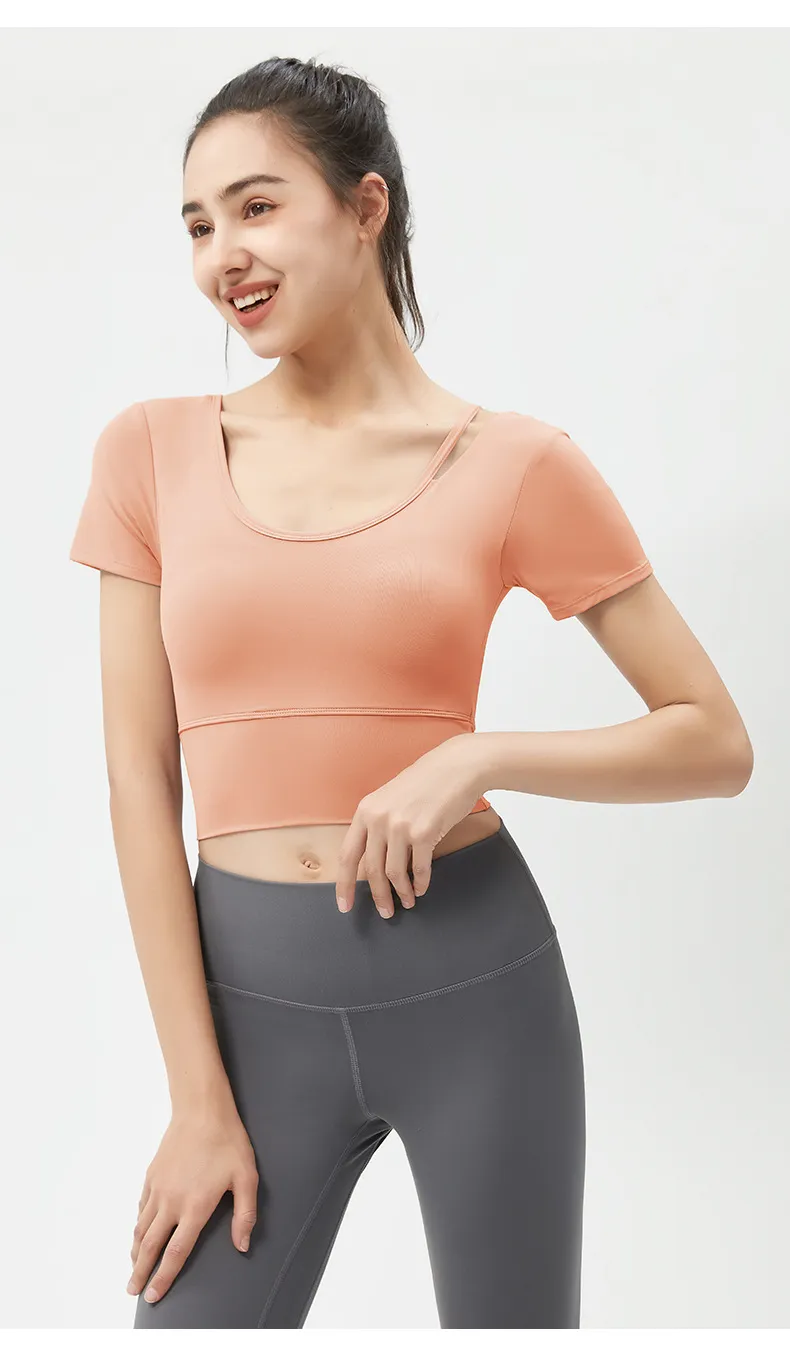 Women's Yoga Top Short Sleeve with Chest Pad, Midriff-Baring Back Design, Breathable Fitness T-Shirt for Running and Gym showcase 17