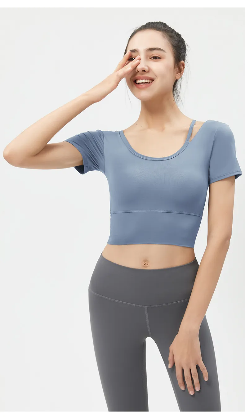 Women's Yoga Top Short Sleeve with Chest Pad, Midriff-Baring Back Design, Breathable Fitness T-Shirt for Running and Gym showcase 15