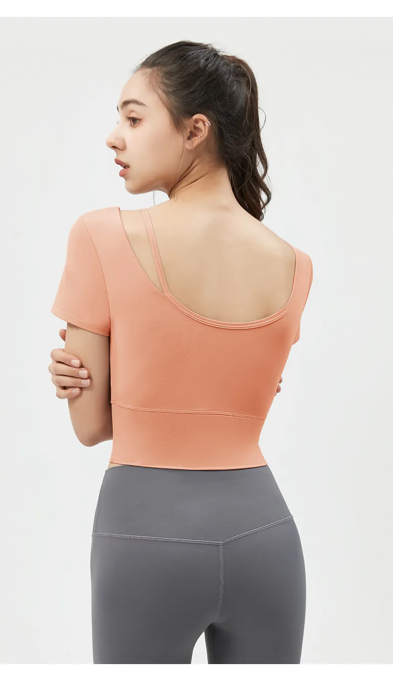 Women's Yoga Top Short Sleeve with Chest Pad, Midriff-Baring Back Design, Breathable Fitness T-Shirt for Running and Gym showcase 18