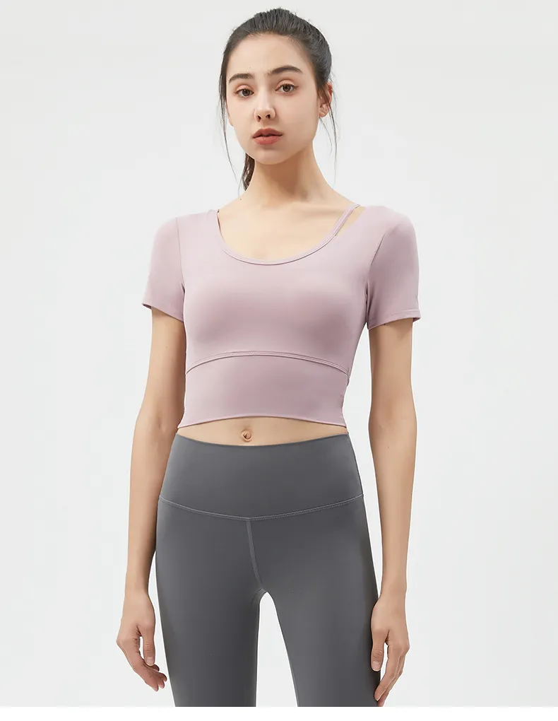 Women's Yoga Top Short Sleeve with Chest Pad, Midriff-Baring Back Design, Breathable Fitness T-Shirt for Running and Gym showcase 7