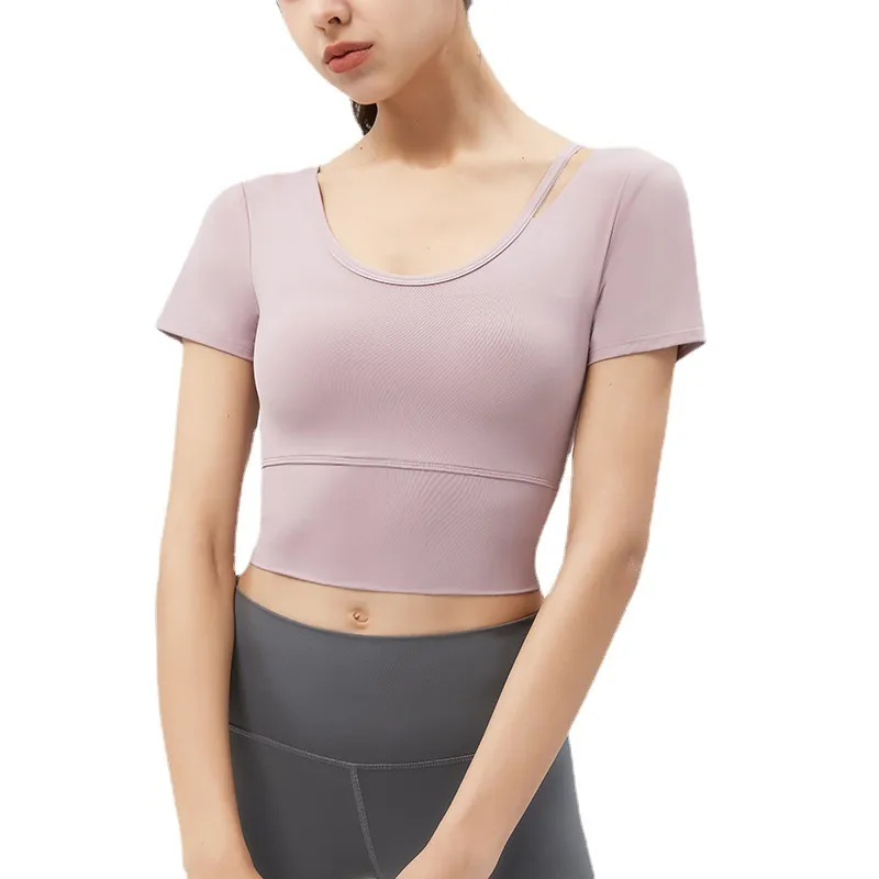 Women's Yoga Top Short Sleeve with Chest Pad, Midriff-Baring Back Design, Breathable Fitness T-Shirt for Running and Gym thumbnail 5