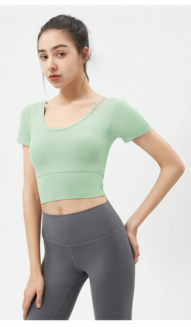 Women's Yoga Top Short Sleeve with Chest Pad, Midriff-Baring Back Design, Breathable Fitness T-Shirt for Running and Gym showcase 19
