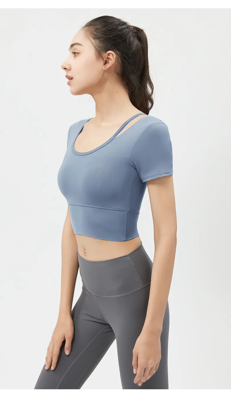 Women's Yoga Top Short Sleeve with Chest Pad, Midriff-Baring Back Design, Breathable Fitness T-Shirt for Running and Gym showcase 16