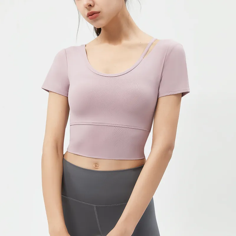 Women's Yoga Top Short Sleeve with Chest Pad, Midriff-Baring Back Design, Breathable Fitness T-Shirt for Running and Gym thumbnail 9