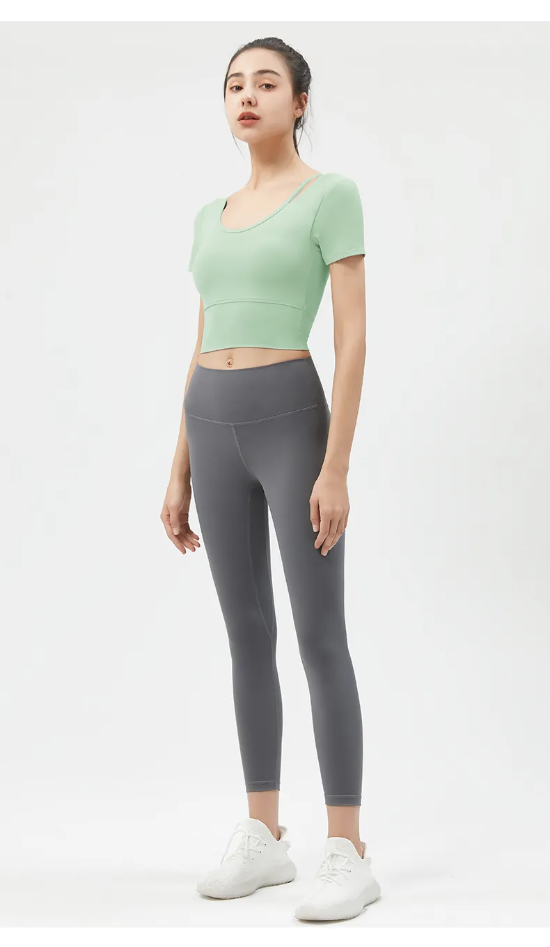 Women's Yoga Top Short Sleeve with Chest Pad, Midriff-Baring Back Design, Breathable Fitness T-Shirt for Running and Gym showcase 20
