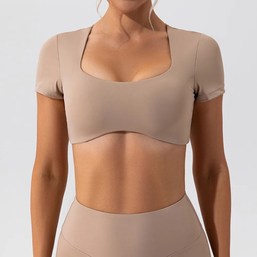 Women's Quick-Dry Yoga Top Short Sleeve Nude Fitness T-Shirt - Breathable Running Sports Crop Top for Gym & Activewear thumbnail 1