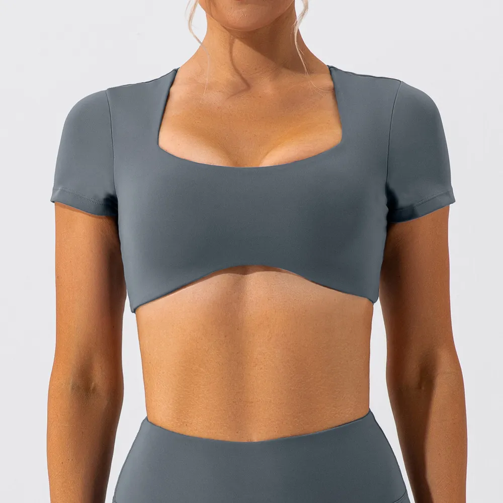 Women's Quick-Dry Yoga Top Short Sleeve Nude Fitness T-Shirt - Breathable Running Sports Crop Top for Gym & Activewear thumbnail 4