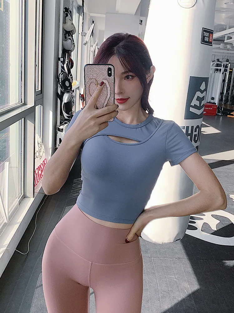 Women's Sexy Hollow-Out Sports T-Shirt Crop Top - Slim Fit Short Sleeve for Yoga, Running & Fitness thumbnail 3