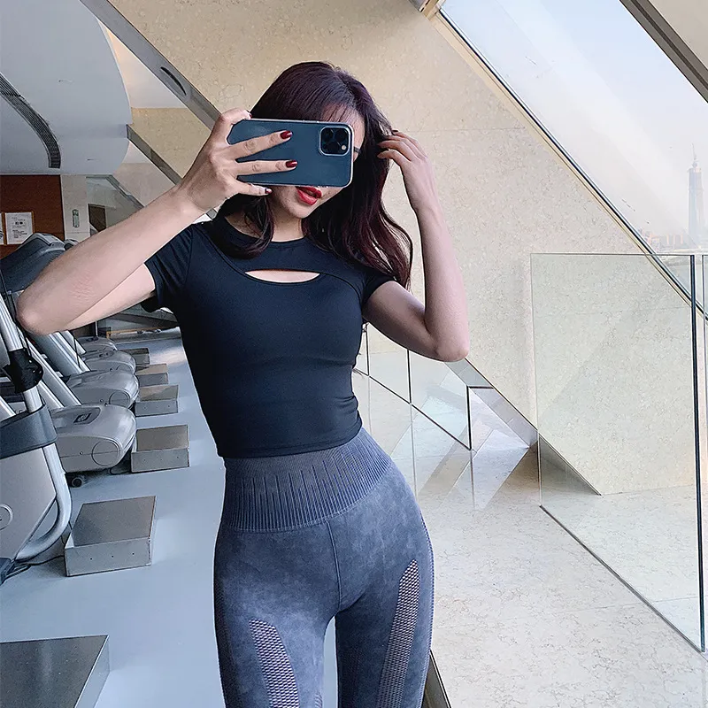 Women's Sexy Hollow-Out Sports T-Shirt Crop Top - Slim Fit Short Sleeve for Yoga, Running & Fitness thumbnail 4