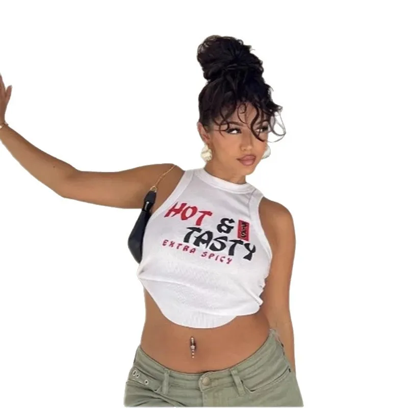 Retro Sexy Trendy Sleeveless Crop Top for Women, American Street Fashion Style with Personalized Letter Pattern, Round Neck Casual Vest thumbnail 5
