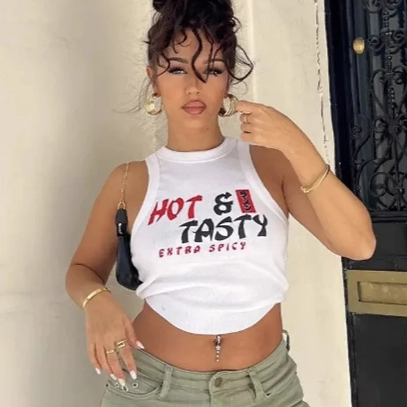 Retro Sexy Trendy Sleeveless Crop Top for Women, American Street Fashion Style with Personalized Letter Pattern, Round Neck Casual Vest thumbnail 1