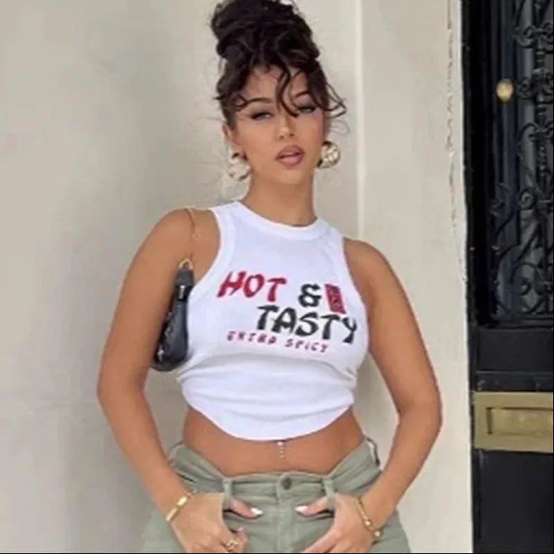 Retro Sexy Trendy Sleeveless Crop Top for Women, American Street Fashion Style with Personalized Letter Pattern, Round Neck Casual Vest thumbnail 6