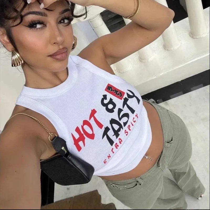 Retro Sexy Trendy Sleeveless Crop Top for Women, American Street Fashion Style with Personalized Letter Pattern, Round Neck Casual Vest thumbnail 3