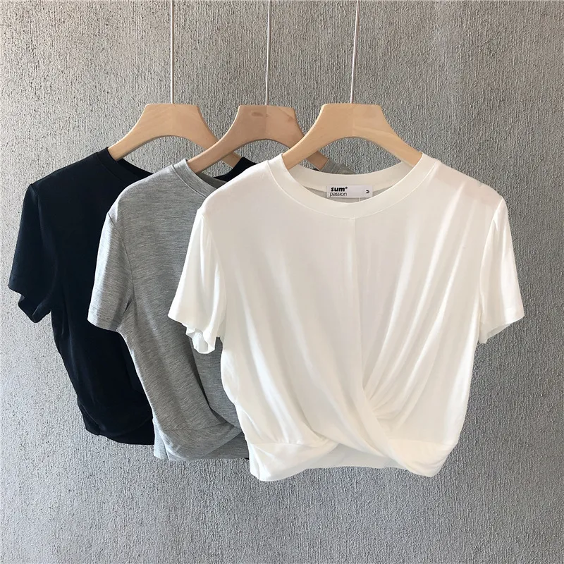 Women's Modal Knotted T-Shirt - Summer Loose Casual Short Sleeve Slimming Navel-Baring Top for Running & Yoga thumbnail 1