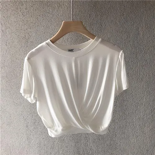 Women's Modal Knotted T-Shirt - Summer Loose Casual Short Sleeve Slimming Navel-Baring Top for Running & Yoga thumbnail 7