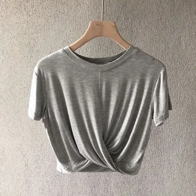 Women's Modal Knotted T-Shirt - Summer Loose Casual Short Sleeve Slimming Navel-Baring Top for Running & Yoga thumbnail 8