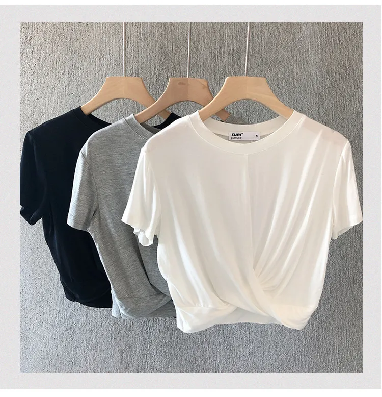 Women's Modal Knotted T-Shirt - Summer Loose Casual Short Sleeve Slimming Navel-Baring Top for Running & Yoga showcase 1