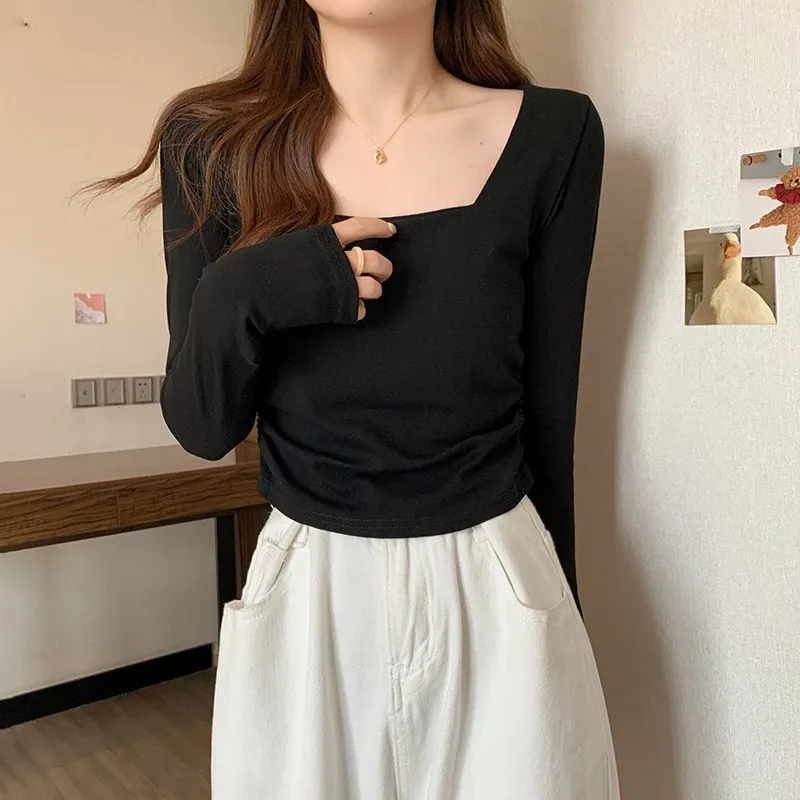 Women's Velvet Square Collar Long Sleeve T-Shirt - Slim Fit Soft Waxy Base Layer Top for Autumn/Winter Fashion thumbnail 3