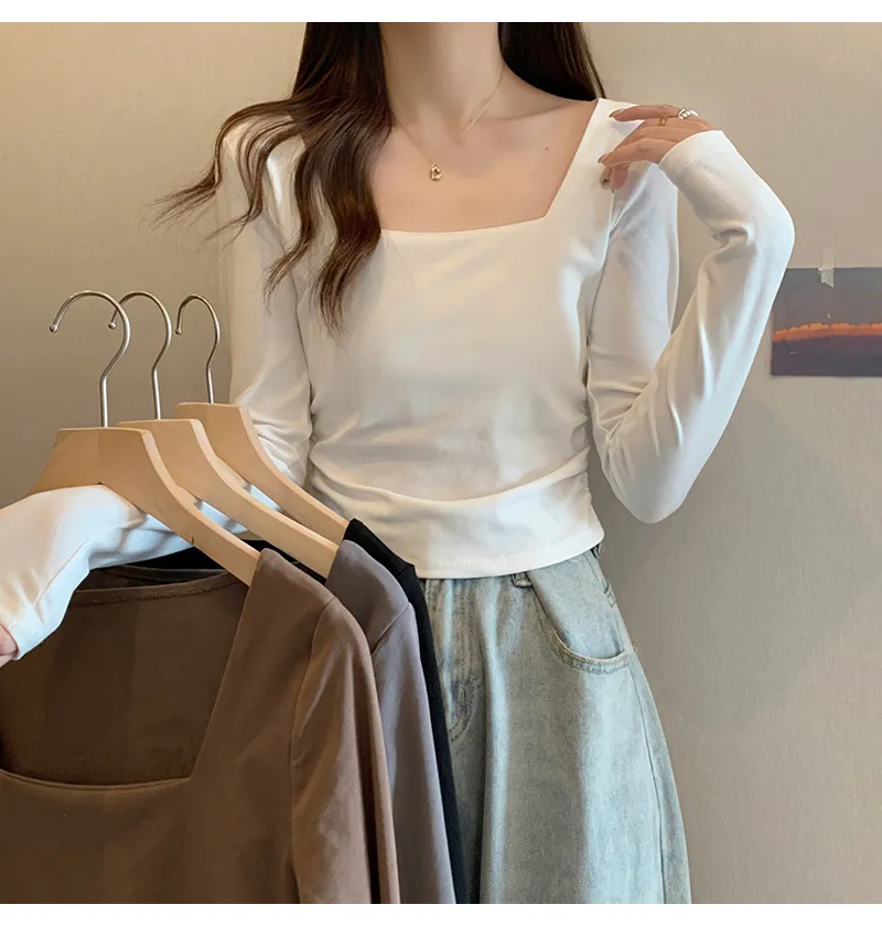 Women's Velvet Square Collar Long Sleeve T-Shirt - Slim Fit Soft Waxy Base Layer Top for Autumn/Winter Fashion showcase 9