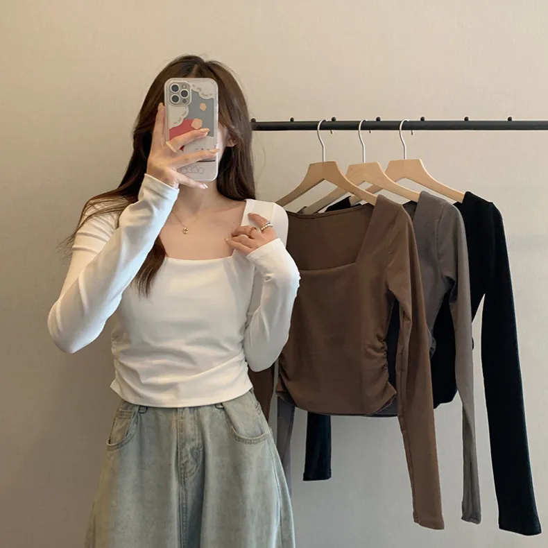 Women's Velvet Square Collar Long Sleeve T-Shirt - Slim Fit Soft Waxy Base Layer Top for Autumn/Winter Fashion thumbnail 1