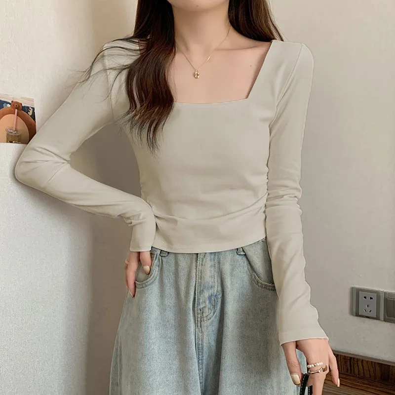 Women's Velvet Square Collar Long Sleeve T-Shirt - Slim Fit Soft Waxy Base Layer Top for Autumn/Winter Fashion thumbnail 4