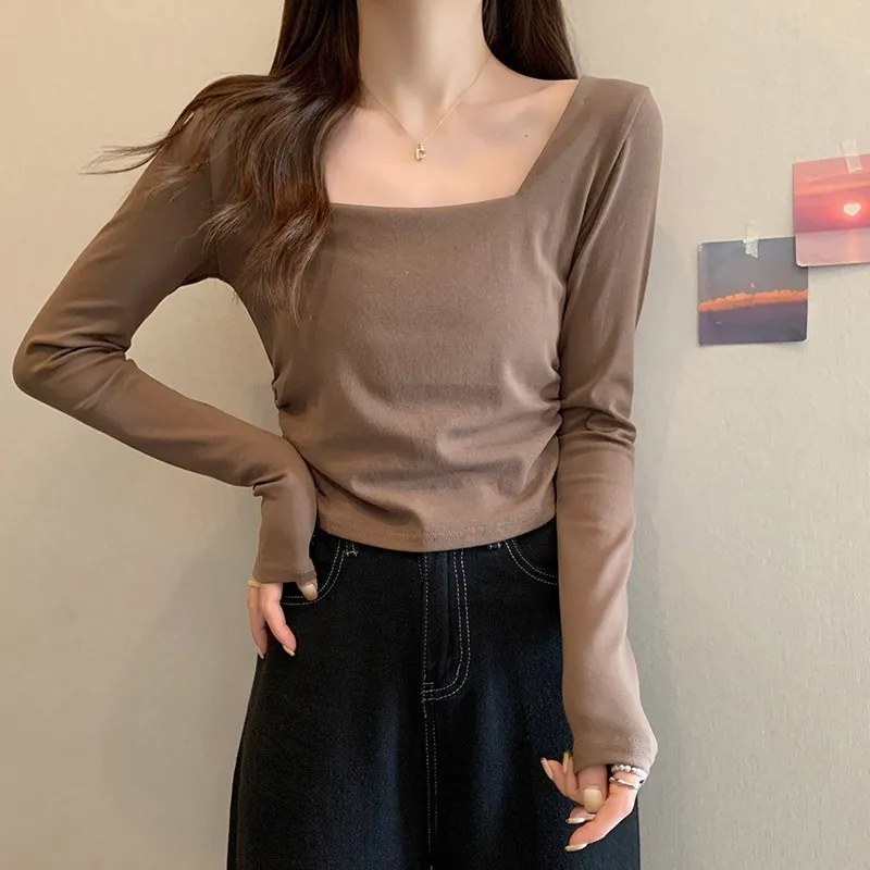 Women's Velvet Square Collar Long Sleeve T-Shirt - Slim Fit Soft Waxy Base Layer Top for Autumn/Winter Fashion thumbnail 2