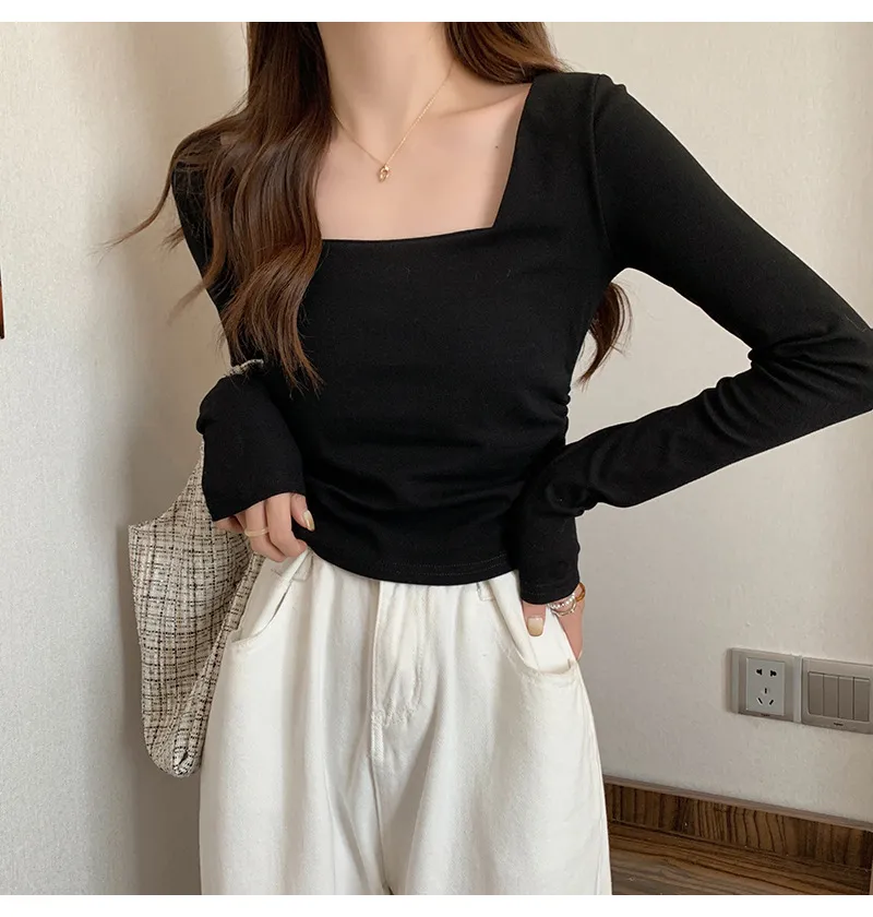 Women's Velvet Square Collar Long Sleeve T-Shirt - Slim Fit Soft Waxy Base Layer Top for Autumn/Winter Fashion showcase 10