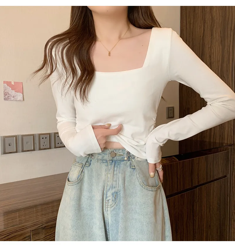 Women's Velvet Square Collar Long Sleeve T-Shirt - Slim Fit Soft Waxy Base Layer Top for Autumn/Winter Fashion showcase 16