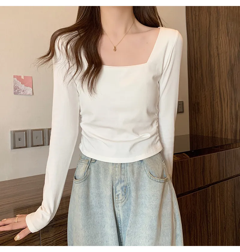 Women's Velvet Square Collar Long Sleeve T-Shirt - Slim Fit Soft Waxy Base Layer Top for Autumn/Winter Fashion showcase 7