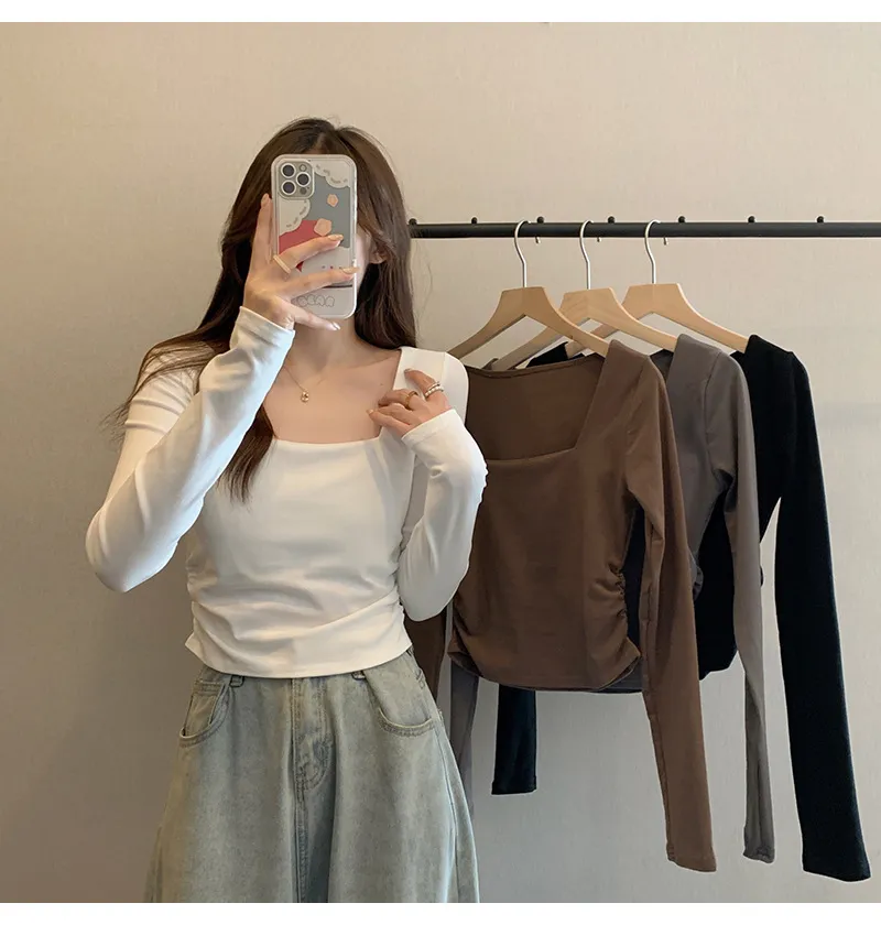 Women's Velvet Square Collar Long Sleeve T-Shirt - Slim Fit Soft Waxy Base Layer Top for Autumn/Winter Fashion showcase 15