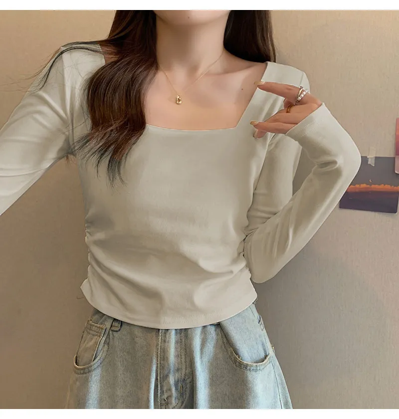 Women's Velvet Square Collar Long Sleeve T-Shirt - Slim Fit Soft Waxy Base Layer Top for Autumn/Winter Fashion showcase 2