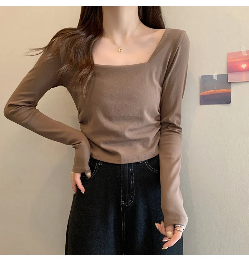 Women's Velvet Square Collar Long Sleeve T-Shirt - Slim Fit Soft Waxy Base Layer Top for Autumn/Winter Fashion showcase 19