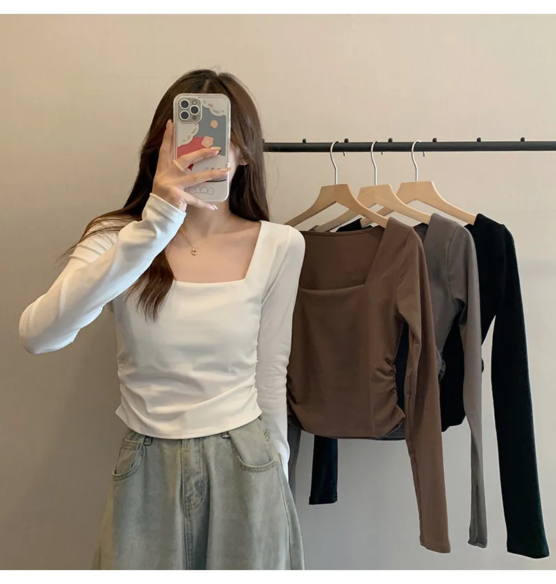 Women's Velvet Square Collar Long Sleeve T-Shirt - Slim Fit Soft Waxy Base Layer Top for Autumn/Winter Fashion showcase 3
