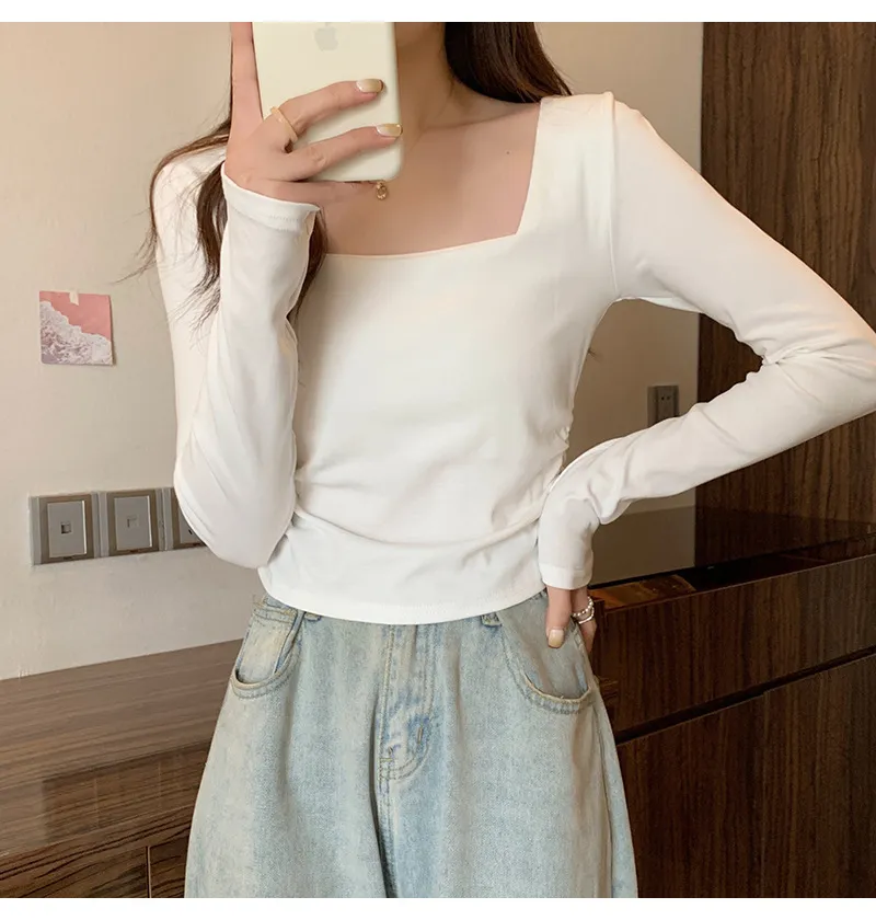 Women's Velvet Square Collar Long Sleeve T-Shirt - Slim Fit Soft Waxy Base Layer Top for Autumn/Winter Fashion showcase 18