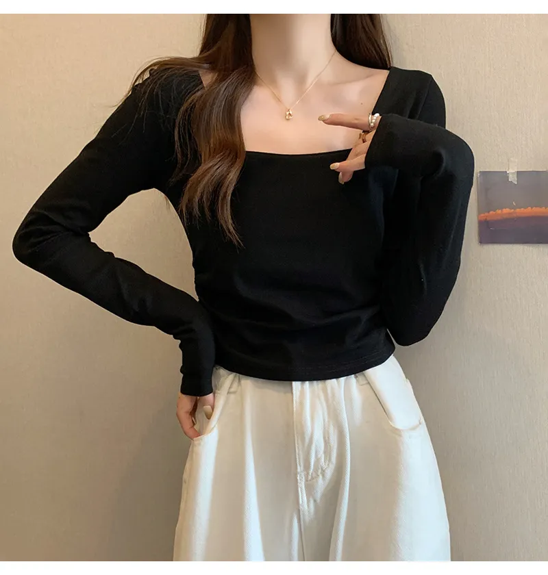 Women's Velvet Square Collar Long Sleeve T-Shirt - Slim Fit Soft Waxy Base Layer Top for Autumn/Winter Fashion showcase 12