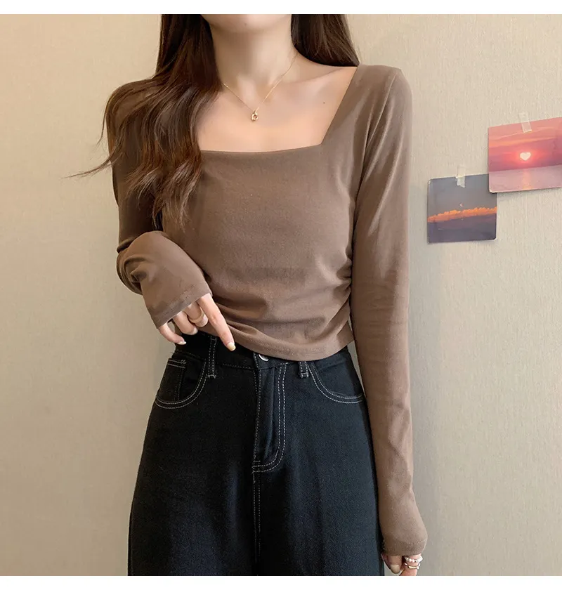 Women's Velvet Square Collar Long Sleeve T-Shirt - Slim Fit Soft Waxy Base Layer Top for Autumn/Winter Fashion showcase 20