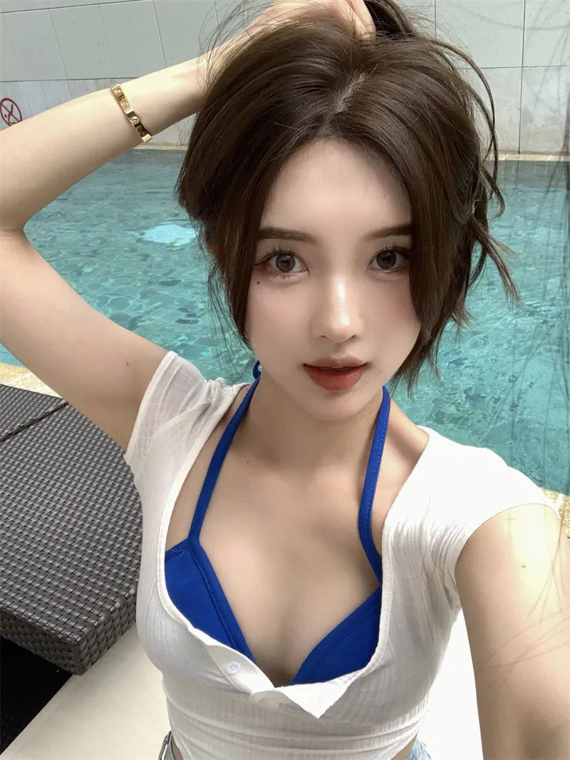 Women's Sexy V-Neck Slim Fit Short Sleeve T-Shirt - Korean Style Navel-Baring Top for Summer showcase 9