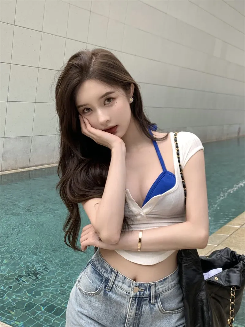 Women's Sexy V-Neck Slim Fit Short Sleeve T-Shirt - Korean Style Navel-Baring Top for Summer showcase 2