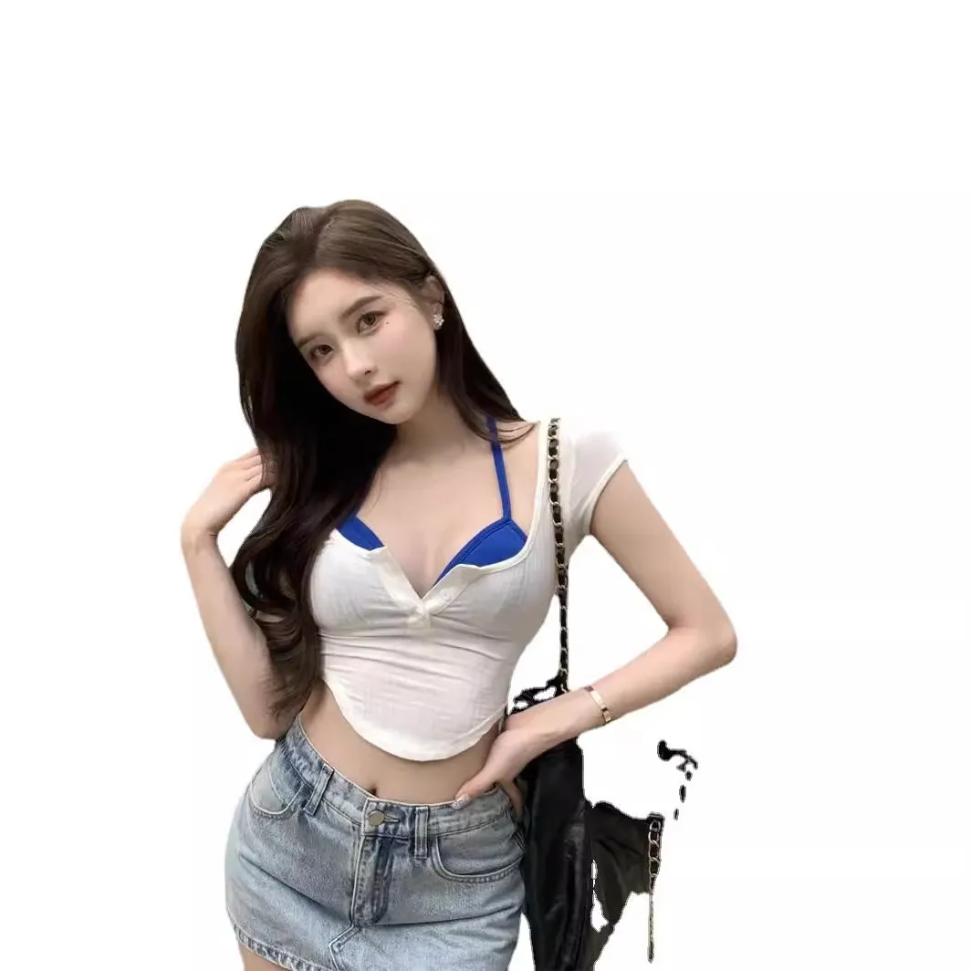 Women's Sexy V-Neck Slim Fit Short Sleeve T-Shirt - Korean Style Navel-Baring Top for Summer - Image 5