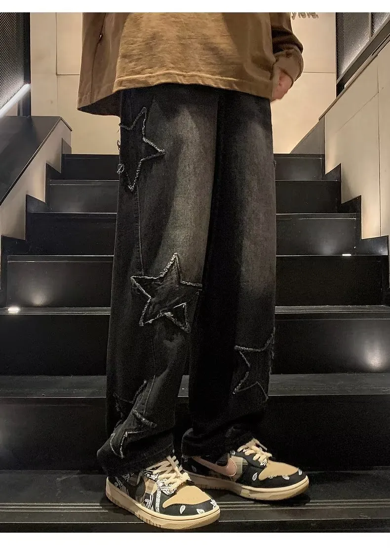 Men's Straight Leg Denim Pants - Loose Fit Wide Leg Jeans for Autumn/Winter Fashion, American High Street Style showcase 7