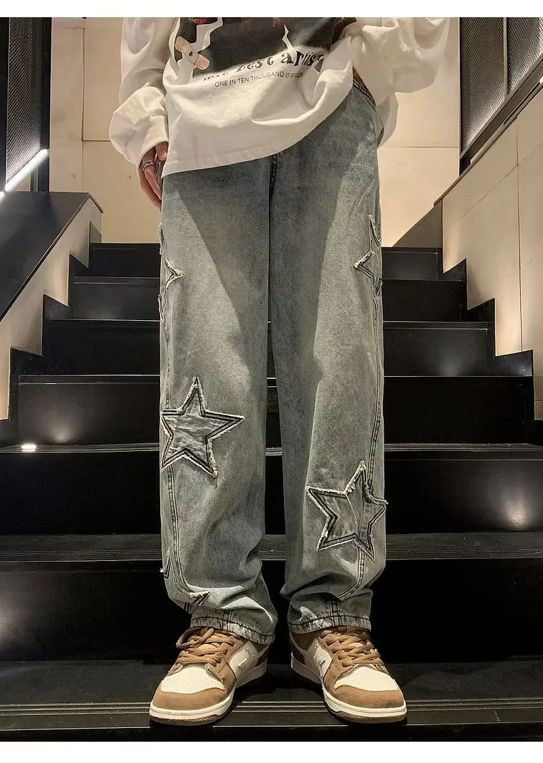 Men's Straight Leg Denim Pants - Loose Fit Wide Leg Jeans for Autumn/Winter Fashion, American High Street Style showcase 12