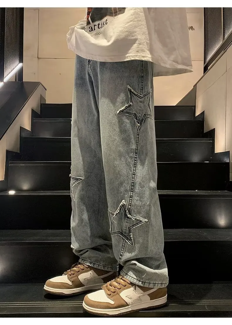 Men's Straight Leg Denim Pants - Loose Fit Wide Leg Jeans for Autumn/Winter Fashion, American High Street Style showcase 10