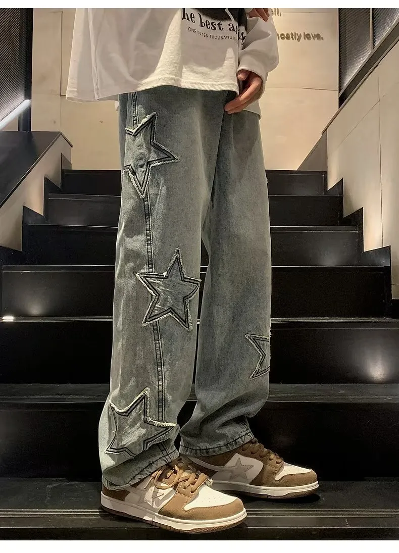Men's Straight Leg Denim Pants - Loose Fit Wide Leg Jeans for Autumn/Winter Fashion, American High Street Style showcase 11
