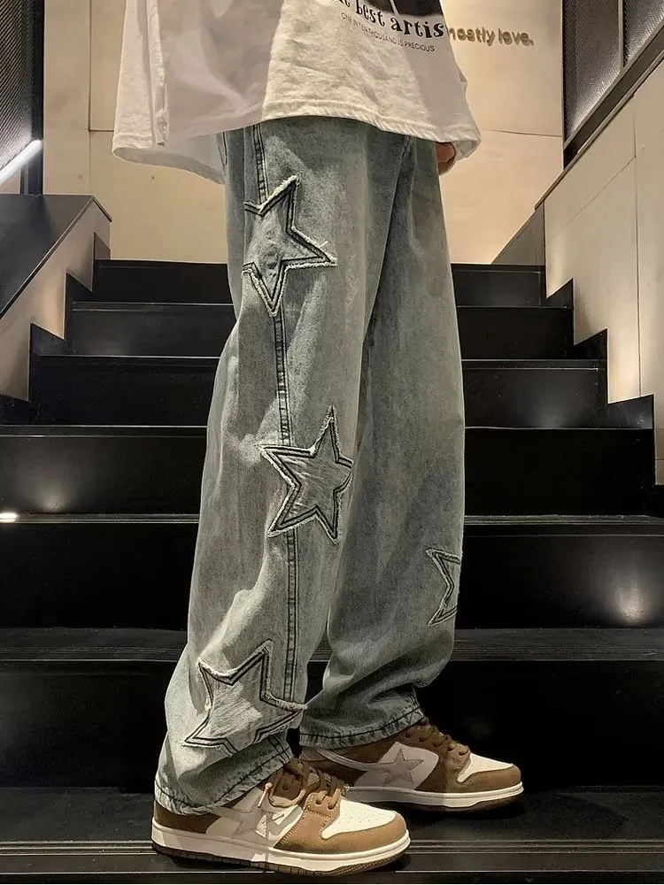 Men's Straight Leg Denim Pants - Loose Fit Wide Leg Jeans for Autumn/Winter Fashion, American High Street Style showcase 3